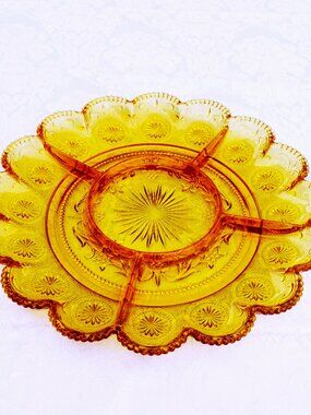 Vintage Indiana Tiara Amber Glass Divided Sandwich Tray Plate